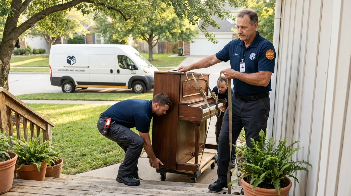 Licensed piano movers securing grand piano in Kingston, OH