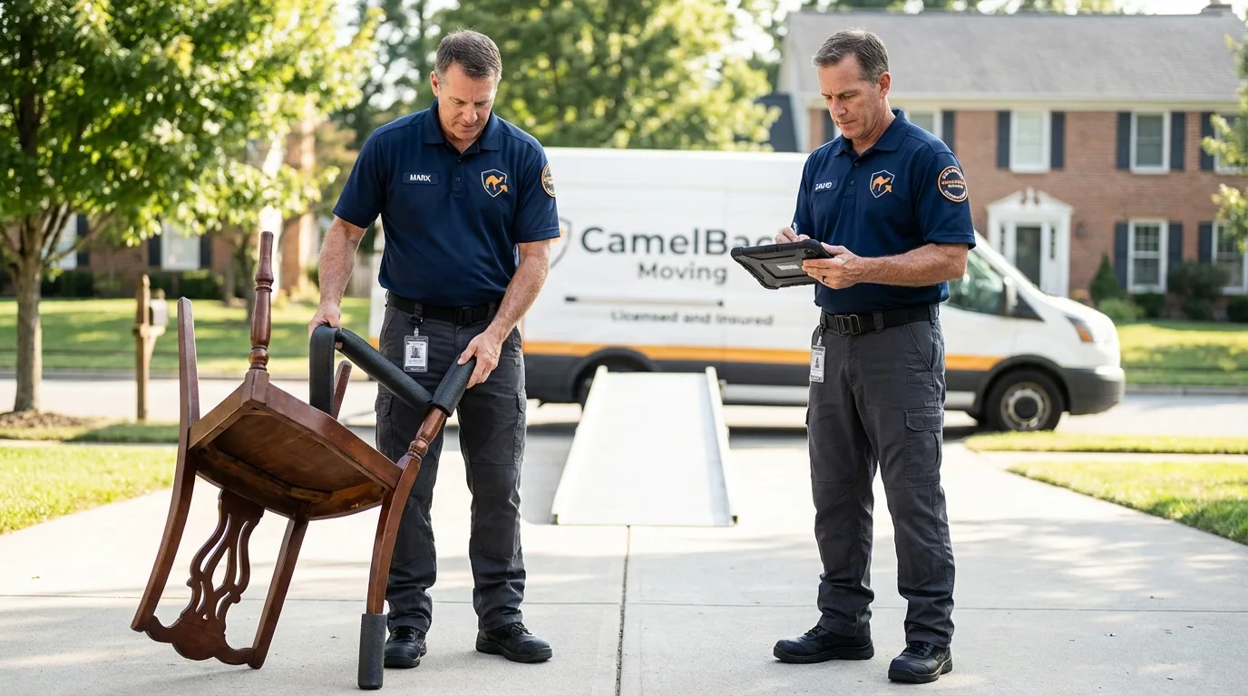Movers inspecting furniture for damage prevention before loading in Kingston, OH
