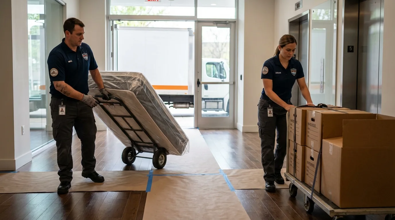 Professional apartment movers loading elevator in Kingston, OH