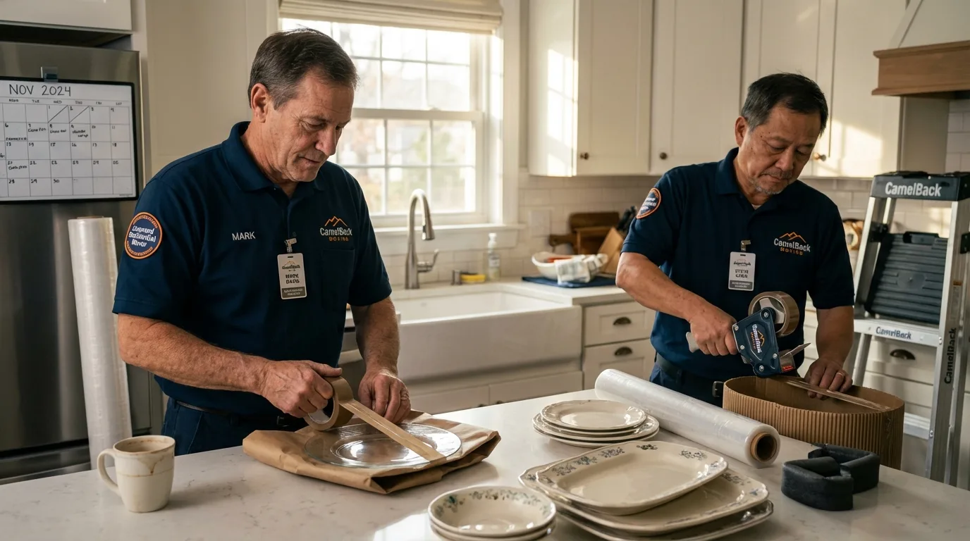 Professional crew packing kitchen dishware in Kingston, OH